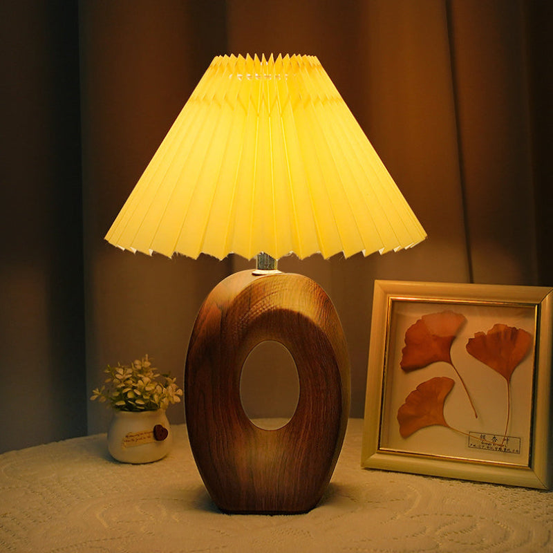 Table Lamp Pleated Fabric Shade USB Powered LED 3W 14 cm x 33.5 cm White Beige Wood Grain 03