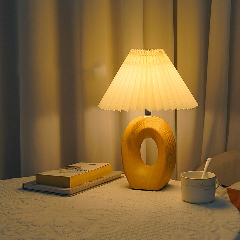 Table Lamp Pleated Fabric Shade USB Powered LED 3W 14 cm x 33.5 cm White Beige Wood Grain 04
