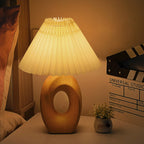 Table Lamp Pleated Fabric Shade USB Powered LED 3W 14 cm x 33.5 cm White Beige Wood Grain 06