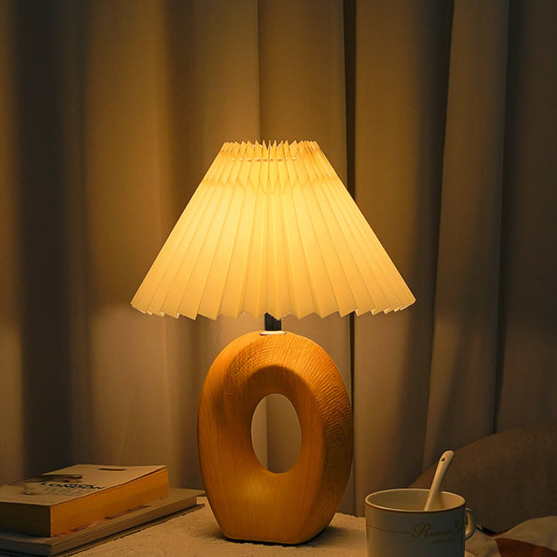 Table Lamp Pleated Fabric Shade USB Powered LED 3W 14 cm x 33.5 cm White Beige Wood Grain 07