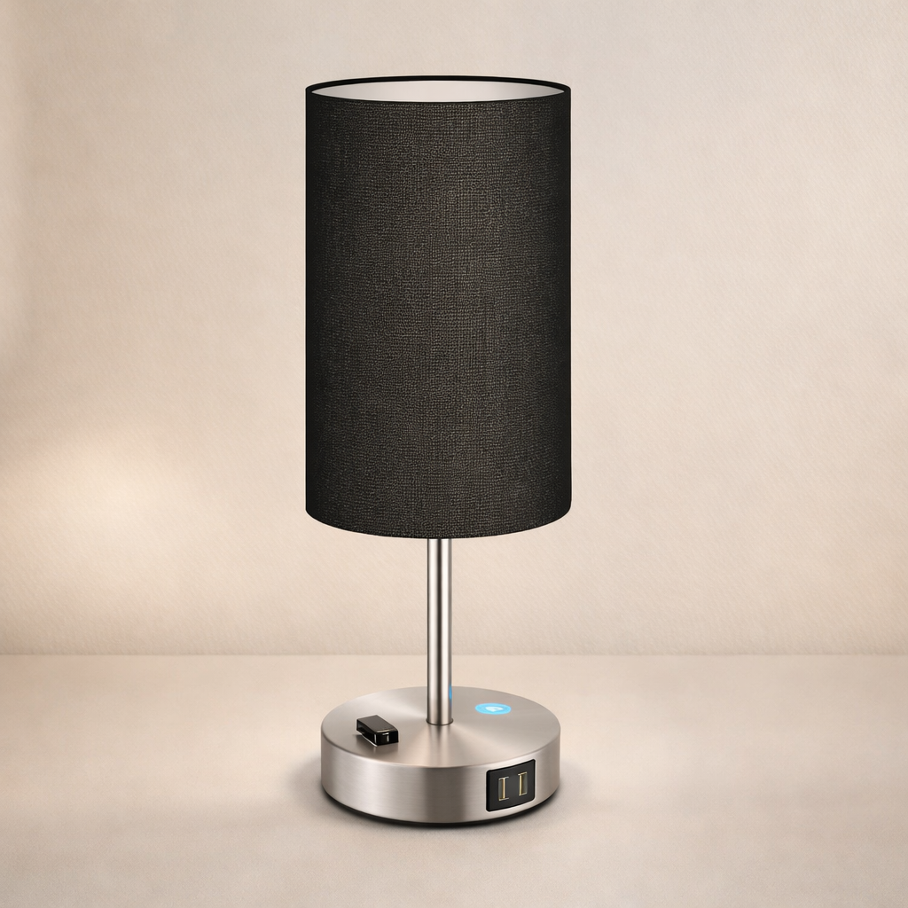 Table Lamp Touch Control USB Ports E27 LED Fabric Shade Metal 1