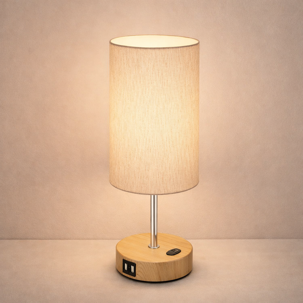 Table Lamp Touch Control USB Ports E27 LED Fabric Shade Metal 2