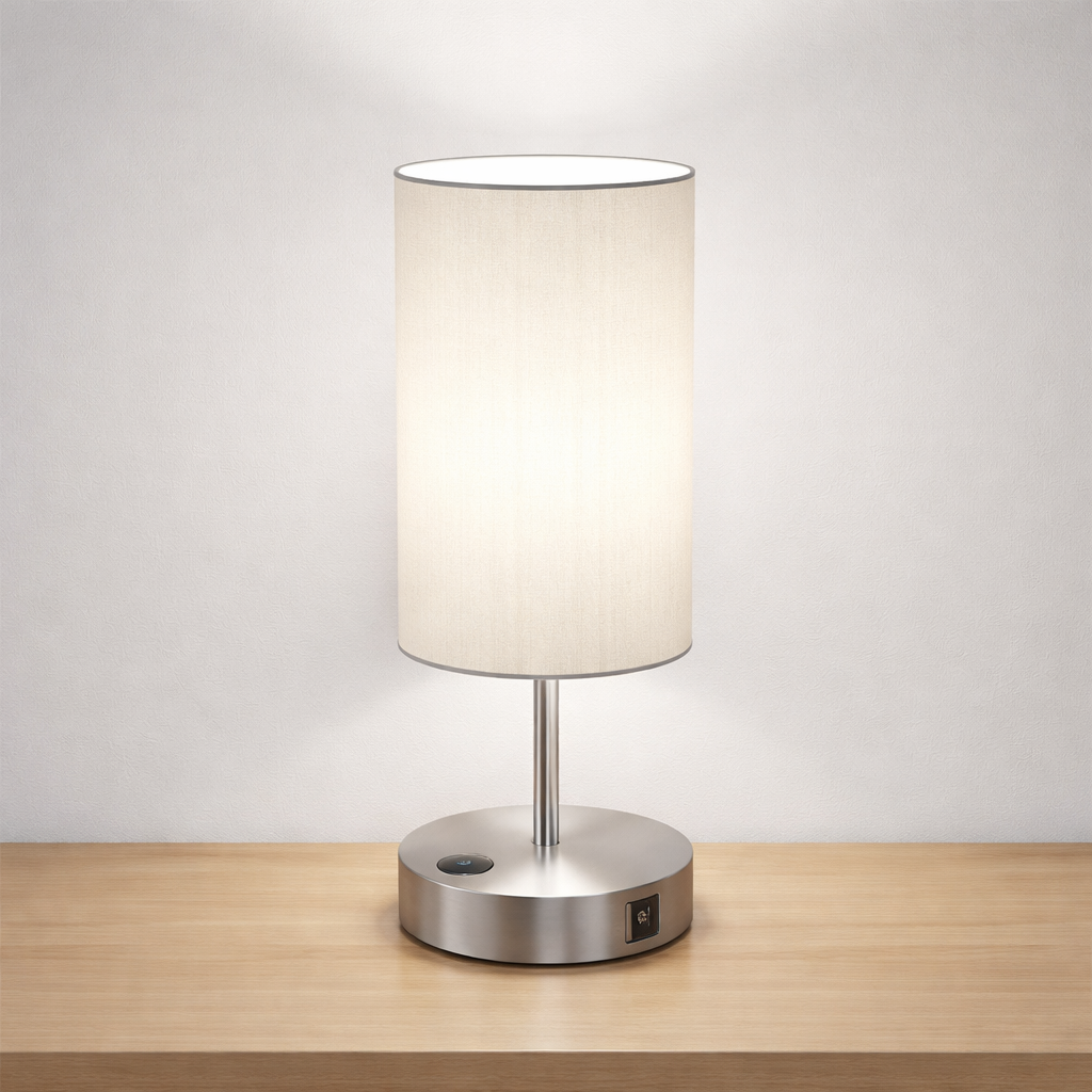 Table lamp with a white shade on a wooden surface and light gray background
