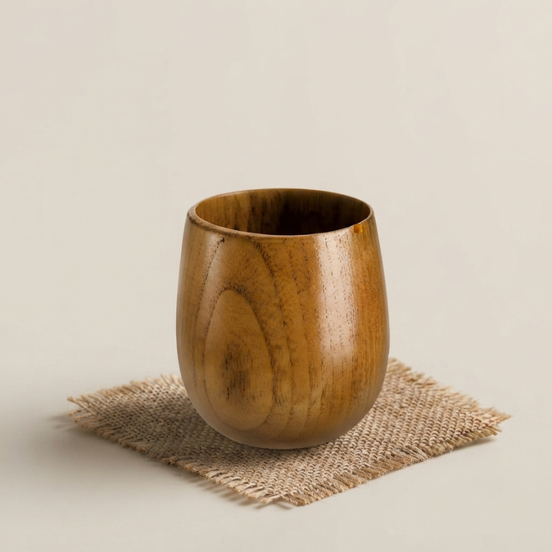 Wooden cup on a textured mat with a neutral background
