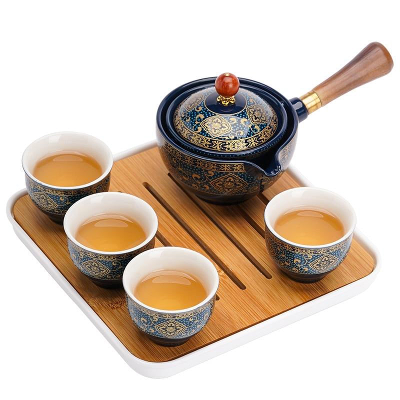Tea Set 5 Piece Ceramic Bamboo Tray 170 ml Elegant Teapot 3