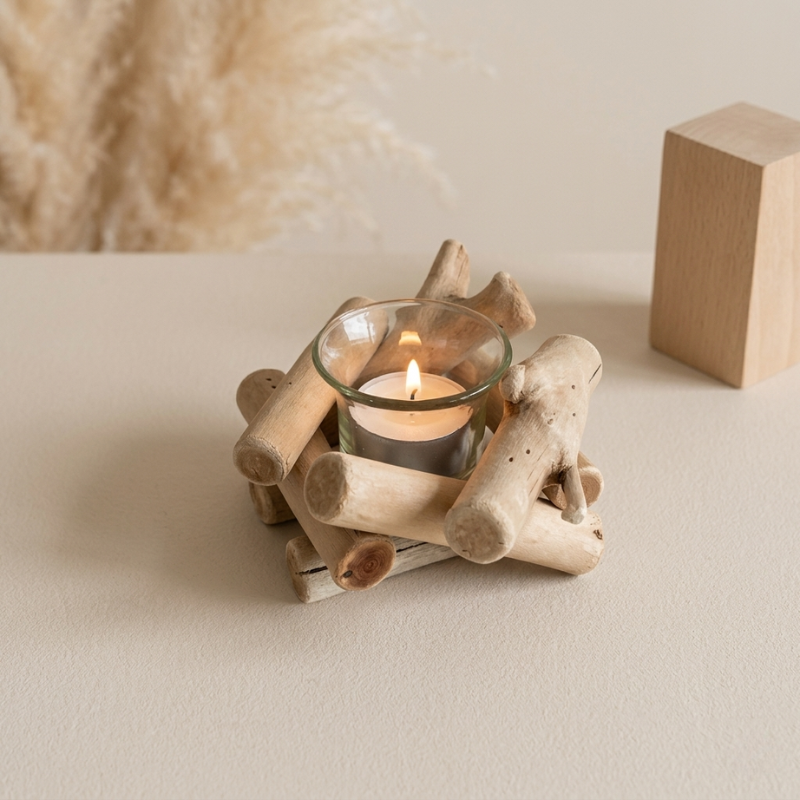 Tealight Candle Holder Wood Glass Single Tealight