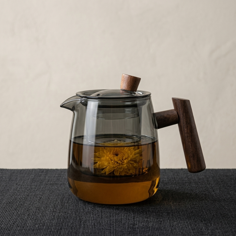 Teapot Glass 530 ml Wooden Handle Transparent Body, Elegant Design