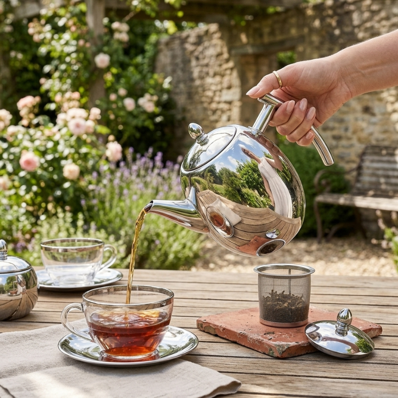 Teapot Stainless Steel 33 oz Built In Infuser Brushed Silver, Effortless Brewing 001