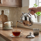 Teapot Stainless Steel 33 oz Built In Infuser Brushed Silver, Effortless Brewing 002