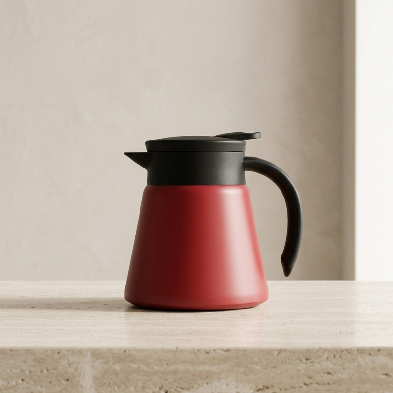 Red and black thermos on a wooden surface with a beige background