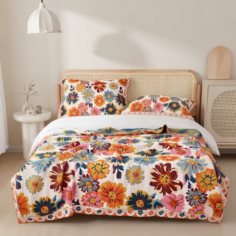 A bed dressed in a colorful floral duvet cover and matching pillowcases, styled in a warm, neutral-toned bedroom with a woven headboard, side table, and pendant light.