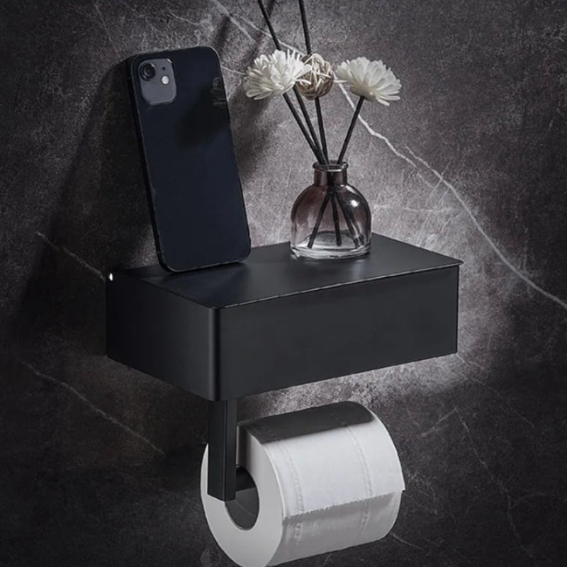 Toilet Paper Holder - Black 2-in-1 Dispenser with Shelf & Storage Box 0