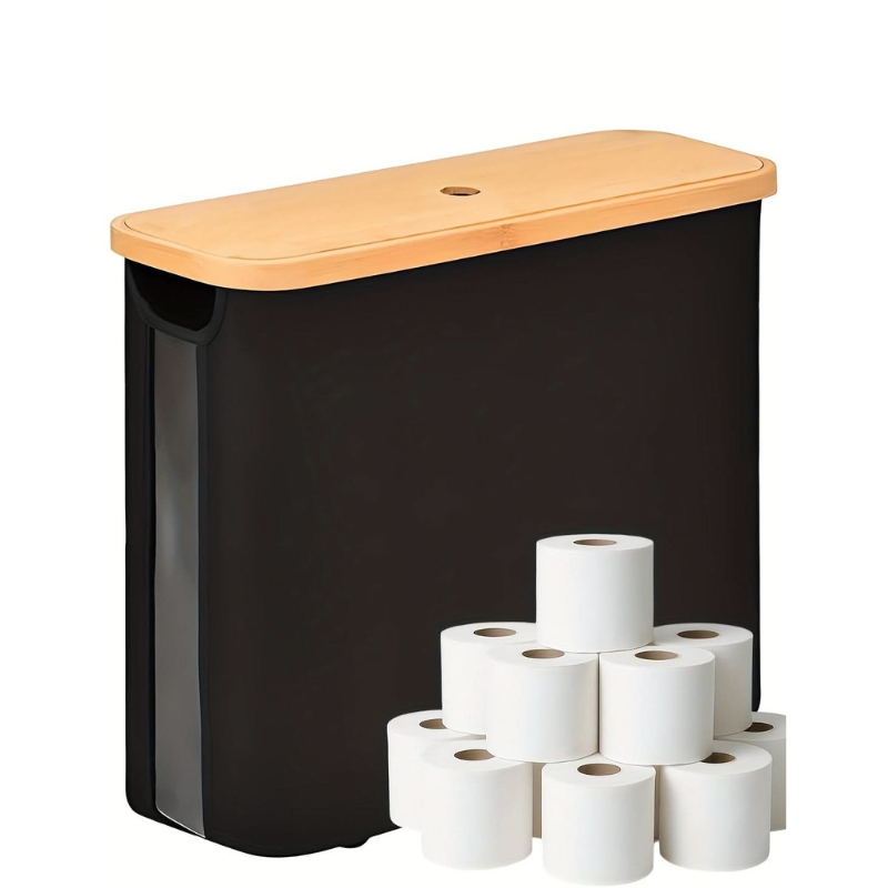 Black toilet paper holder with a wooden top and multiple rolls of toilet paper below on a white background