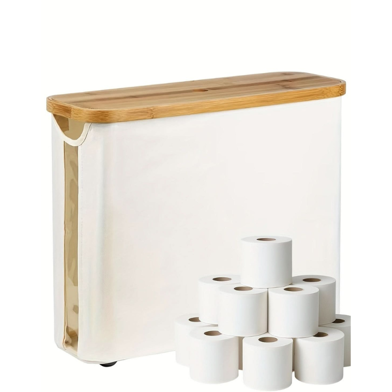 White storage unit with wooden top and multiple toilet paper rolls on a white background