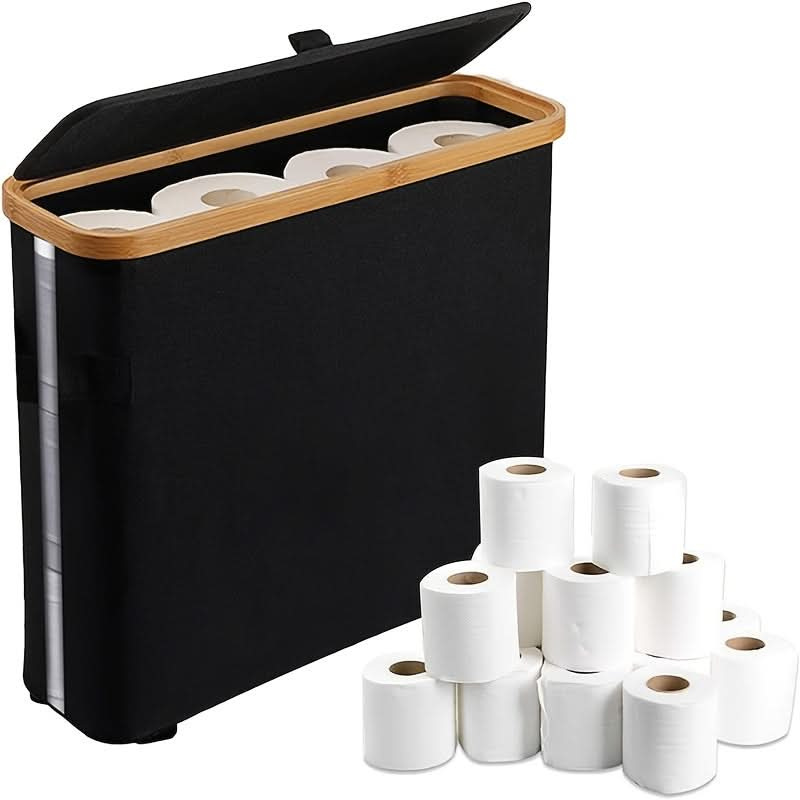 Black and wooden toilet paper holder with multiple rolls of toilet paper on a white background