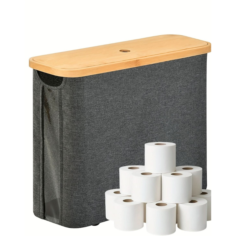 Gray laundry basket with wooden lid and multiple rolls of toilet paper on a white background