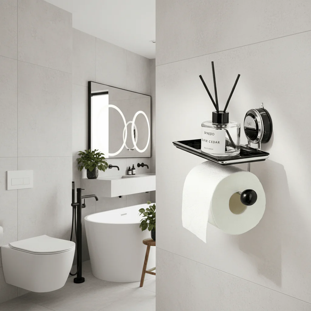 Modern bathroom with toilet, sink, and decorative elements.