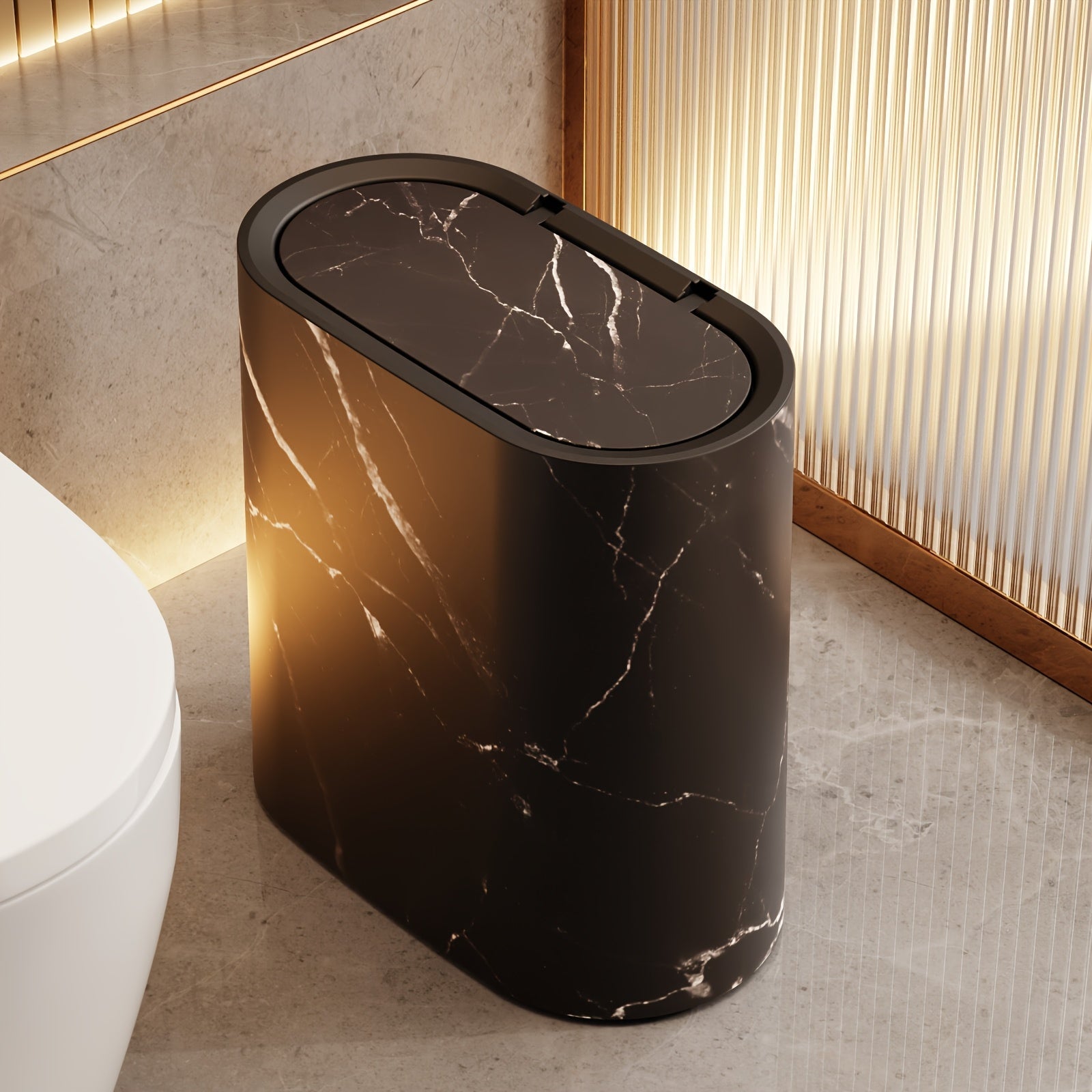 Trash Can Plastic Oval 29 x 29 x 14.5 cm Marble Pattern Lid, Space-Saving Design 9