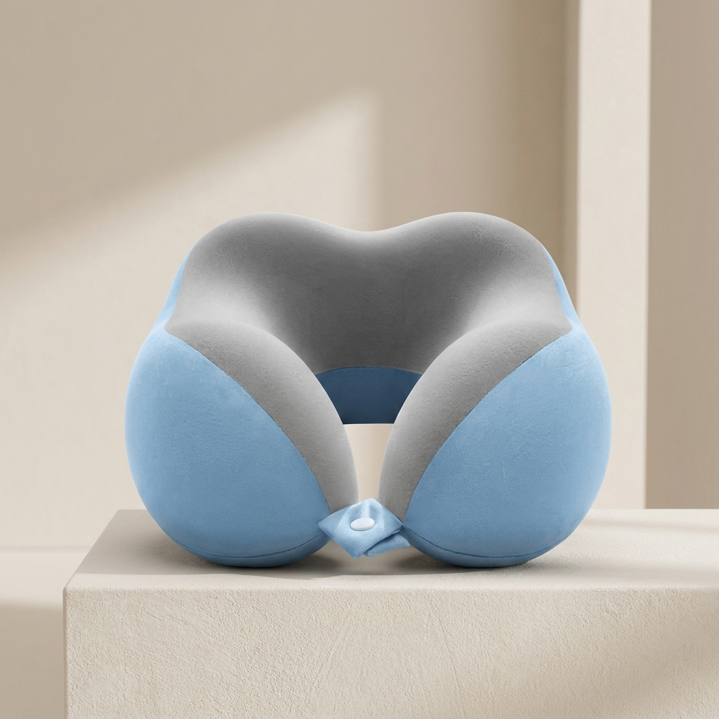 A light blue and gray inflatable neck pillow with an integrated pump valve, resting on a beige pedestal against a warm beige background.