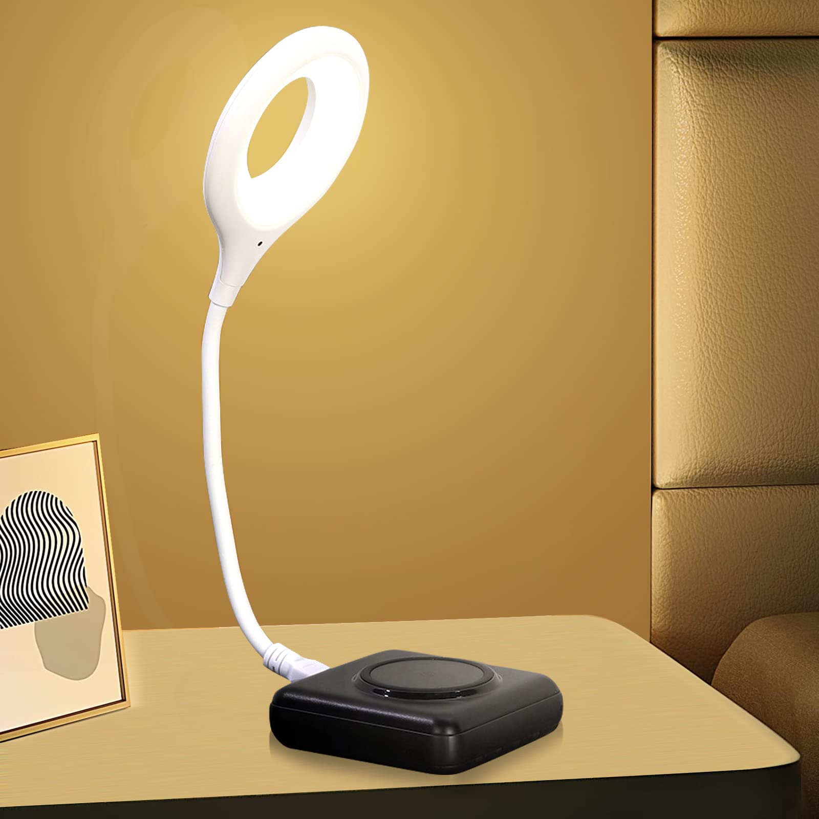 White LED desk lamp on a wooden surface with a yellow wall background