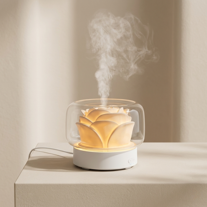 Decorative lamp with flowers and steam on a neutral background