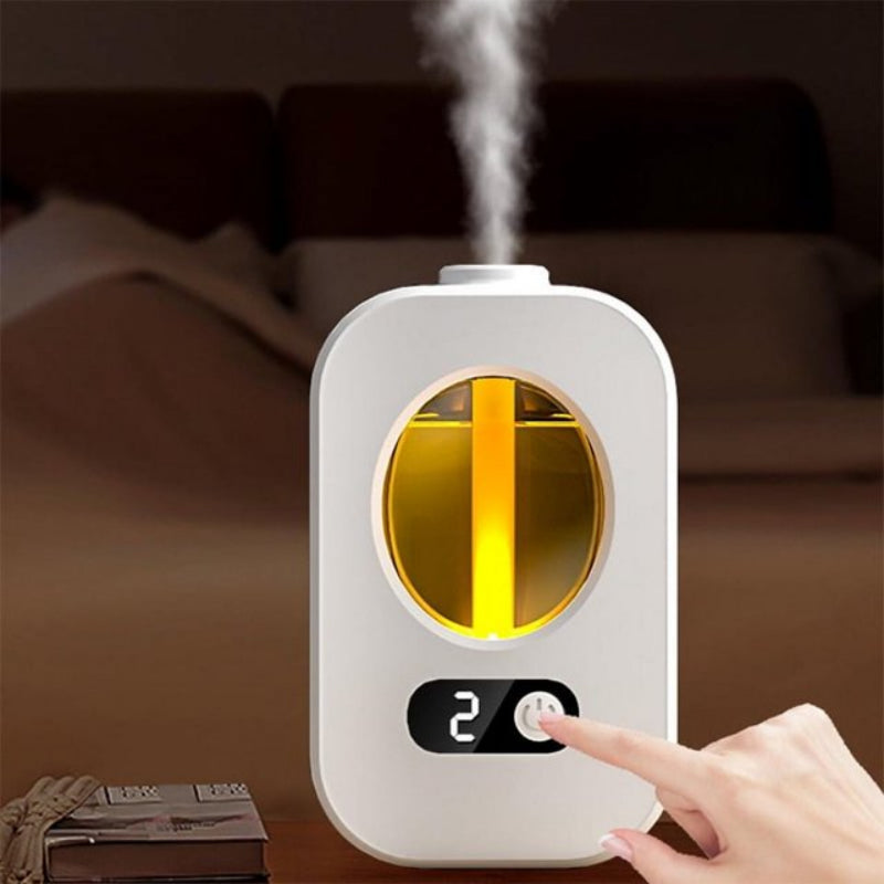 White humidifier with digital display and steam coming out, hand pressing a button in a blurred indoor setting.