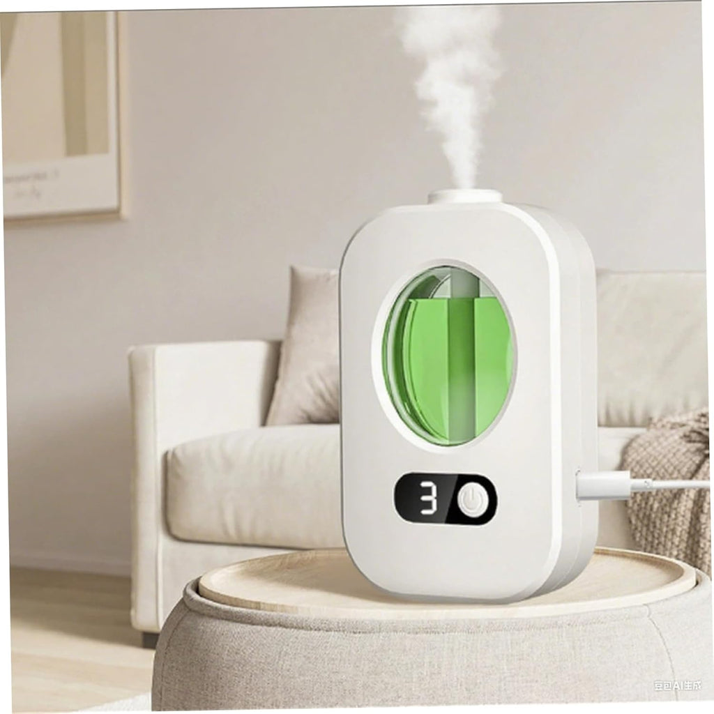 White humidifier with green interior on a table in a living room setting