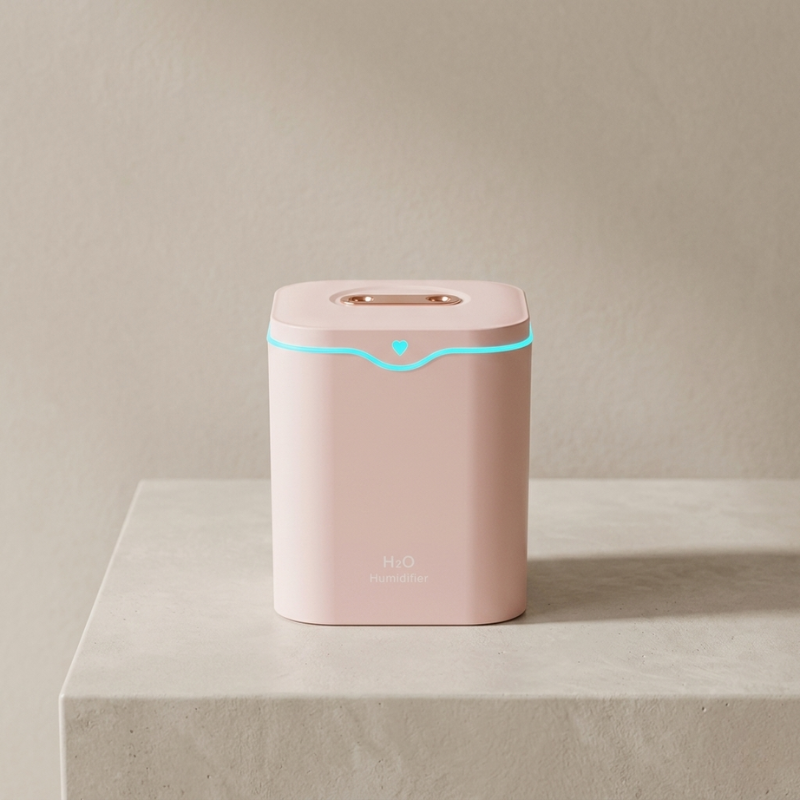 Pink electronic device with a blue light on a beige surface and background