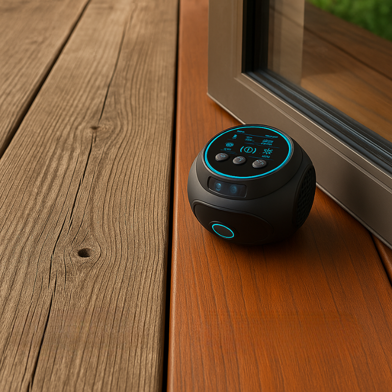 A black smart home security camera or control hub with a circular blue-lit display sits on a wooden deck next to a sliding glass door.