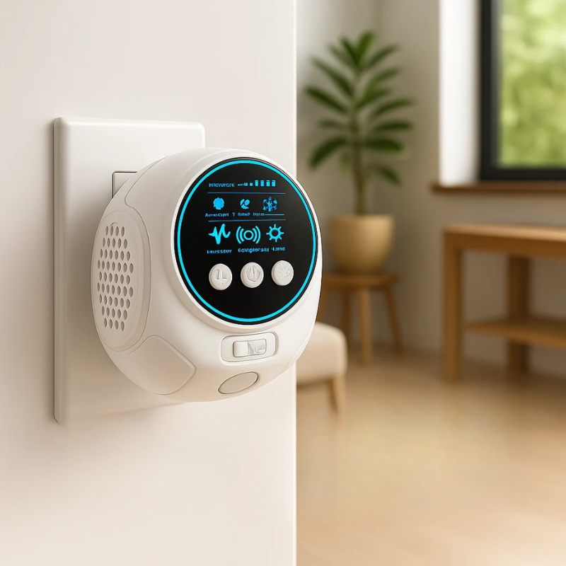 A white smart home security device with a circular digital display and three buttons, shown plugged into a wall in a modern, softly blurred room.