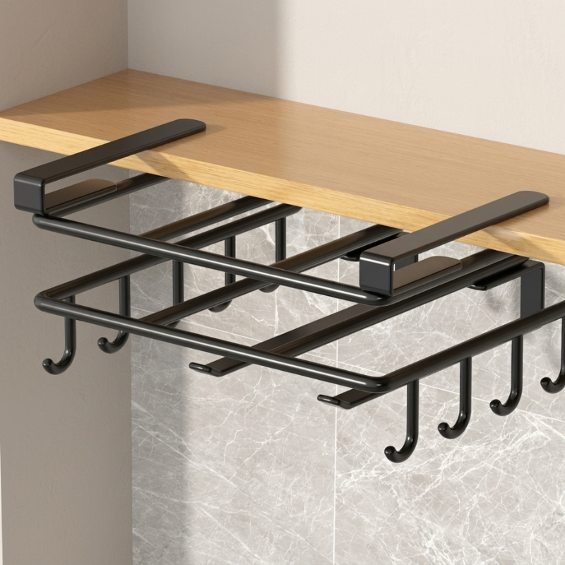 Black metal under-shelf hook rack mounted beneath a light wood shelf, shown against a beige wall and gray marble-look tile.