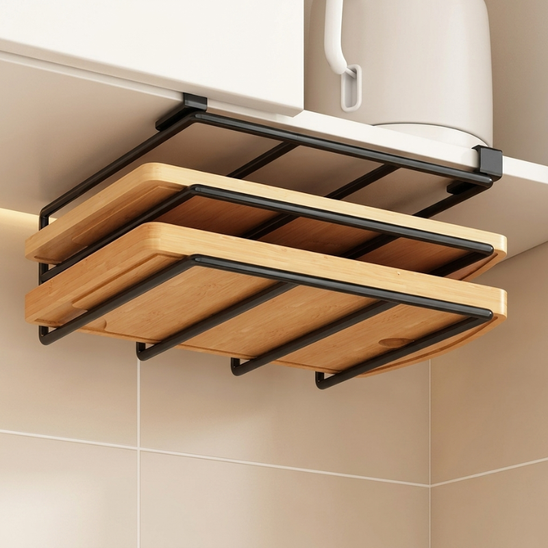 A black metal under-cabinet kitchen shelf holding two wooden cutting boards, mounted beneath a white cabinet in a tiled kitchen setting.