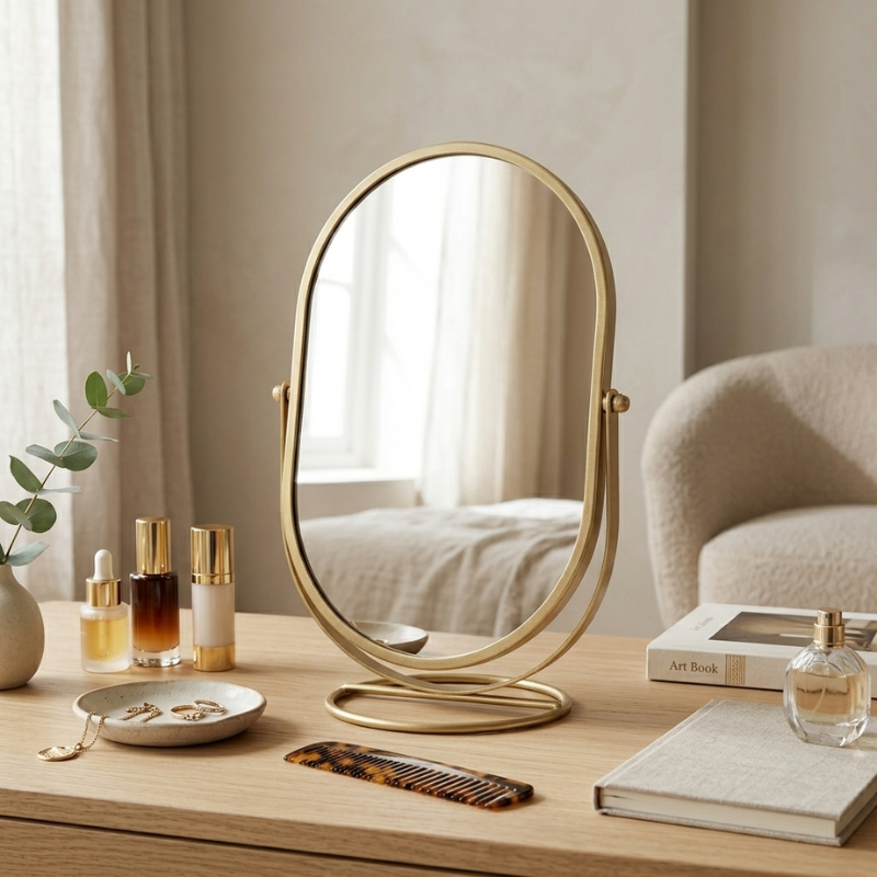 Gold-framed vanity mirror on a wooden surface with various items including books and a plant.