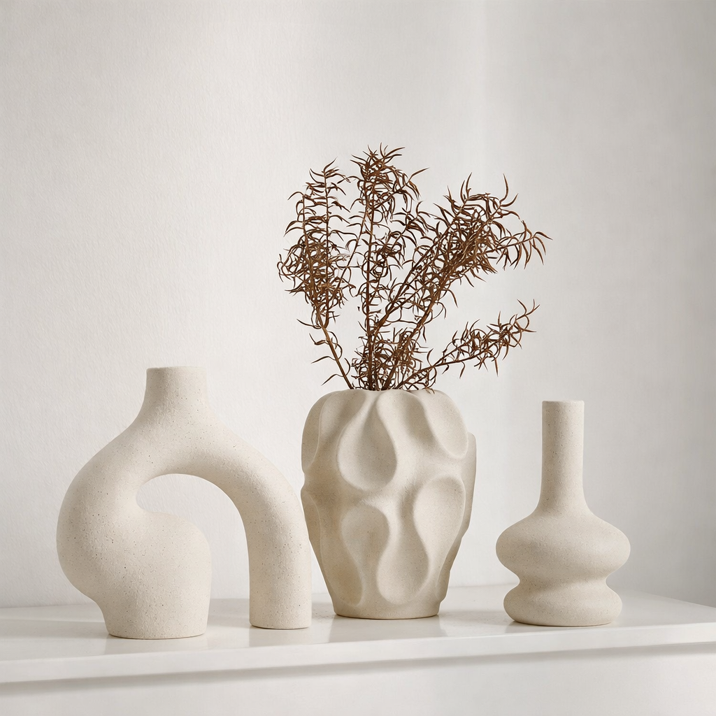 Vase Set Ceramic Geometric Shapes Matte White 3 Piece Decorative Vases 1