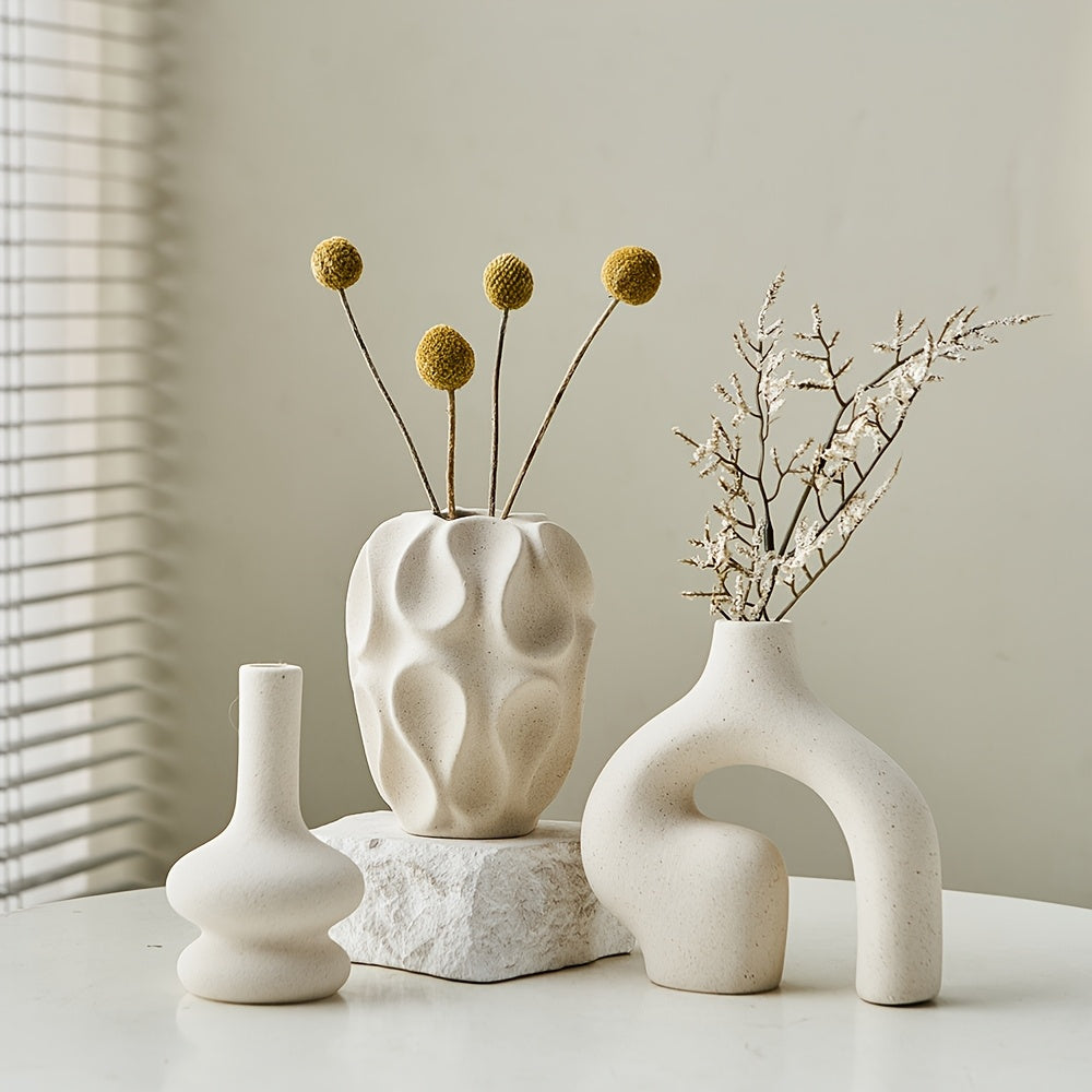 Vase Set Ceramic Geometric Shapes Matte White 3 Piece Decorative Vases  3