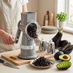 A kitchen scene showing a gray manual food grater in use, with a person's hand and torso visible pushing a dark vegetable into the grinder. The setup includes additional small metal graters, a cutting board, knife, plate of shredded vegetable, eggplant, avocado, and sliced avocado on a countertop near a window.