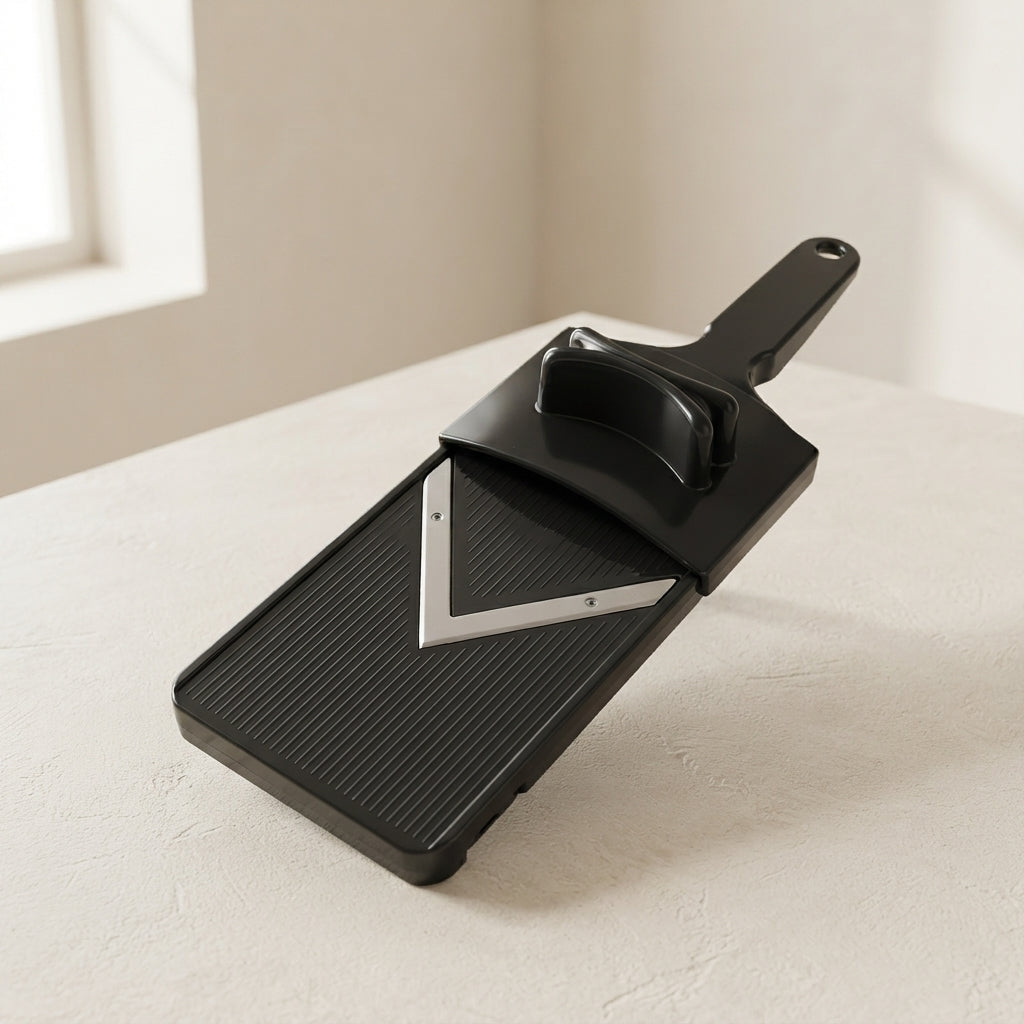 A black manual food chopper with a triangular metal blade guard, resting on a light beige textured tabletop in a softly lit kitchen setting.