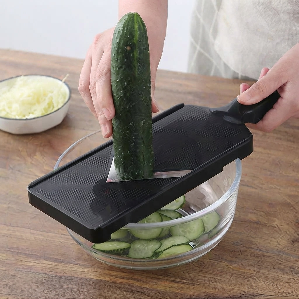 A person uses a black rectangular vegetable slicer with a clear plastic bowl underneath to slice a cucumber on a wooden table.