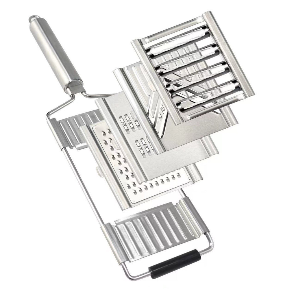 Multi-functional metal tool with various attachments on a white background