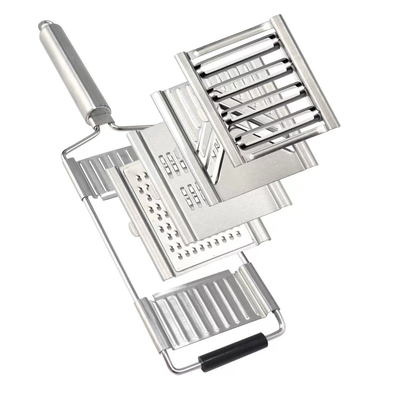 Multi-functional metal tool with various attachments on a white background