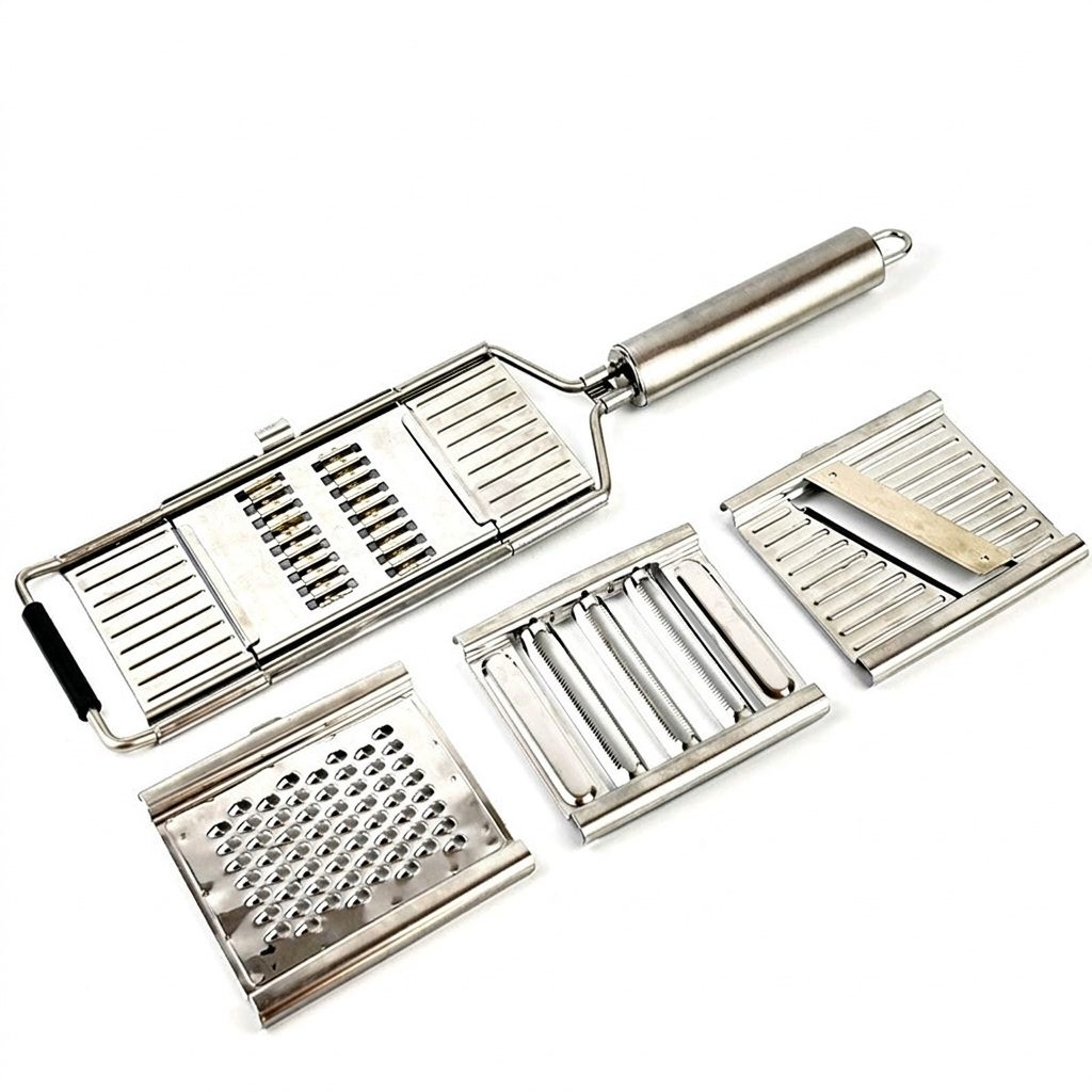 Multi-blade vegetable chopper with different attachments on a white background