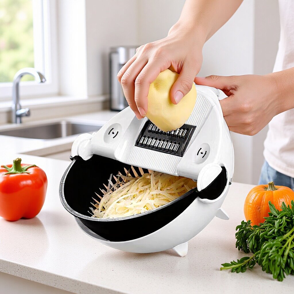 Vegetable Slicer, Multifunctional, Interchangeable Inserts, Strainer Basket2