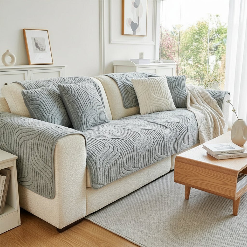 Velvet Sofa Cover - Stylish Non-Slip Protection for Couch, Wave Striped Design 2