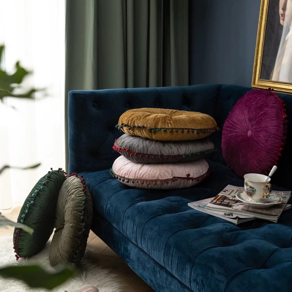 Vintage Round Quilted Ottoman Cushion - Soft Velvet Comfort & Style 2