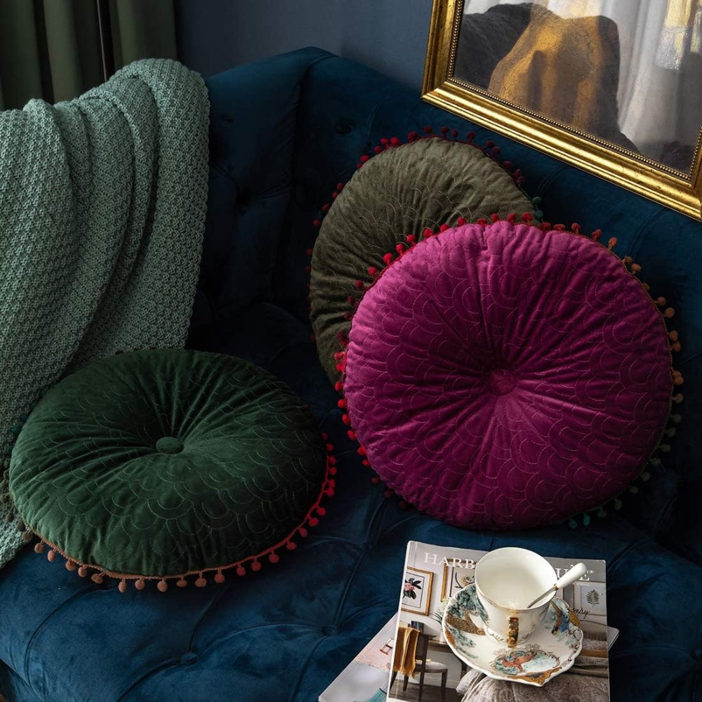 Vintage Round Quilted Ottoman Cushion - Soft Velvet Comfort & Style 3