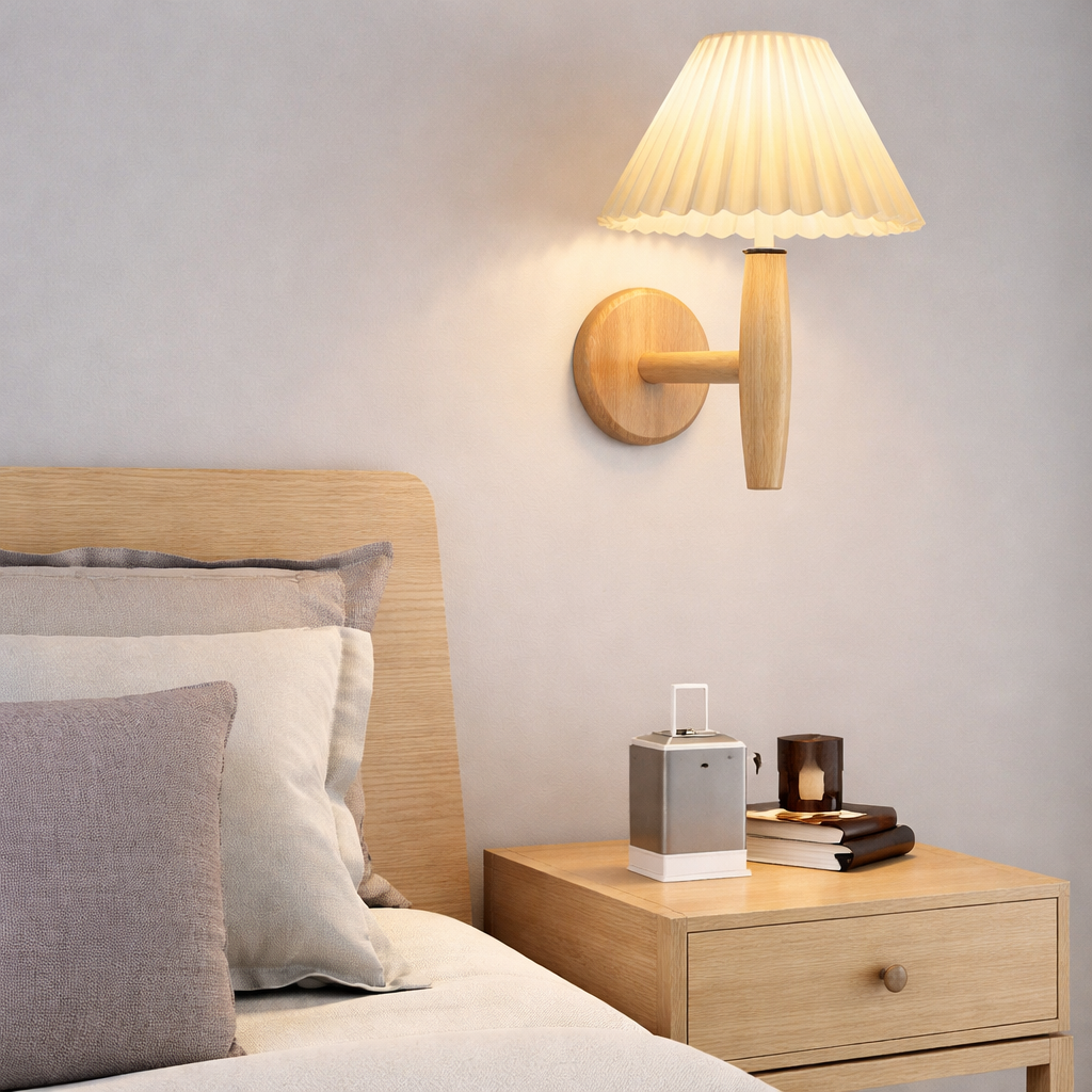 Vintage Wooden Wall Sconce - Elegant Pleated Shade for Stylish Lighting 0