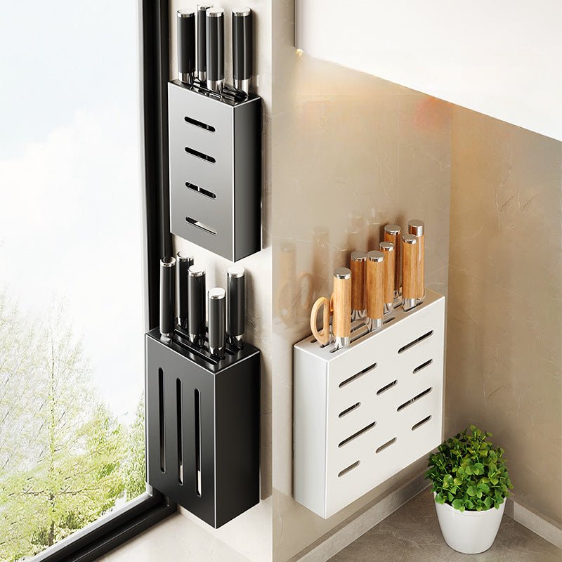Wall-Mounted Knife Holder for Kitchen Organization - No-Drill Adhesive Knife Storage, Durable Plastic, Black or White Options 2