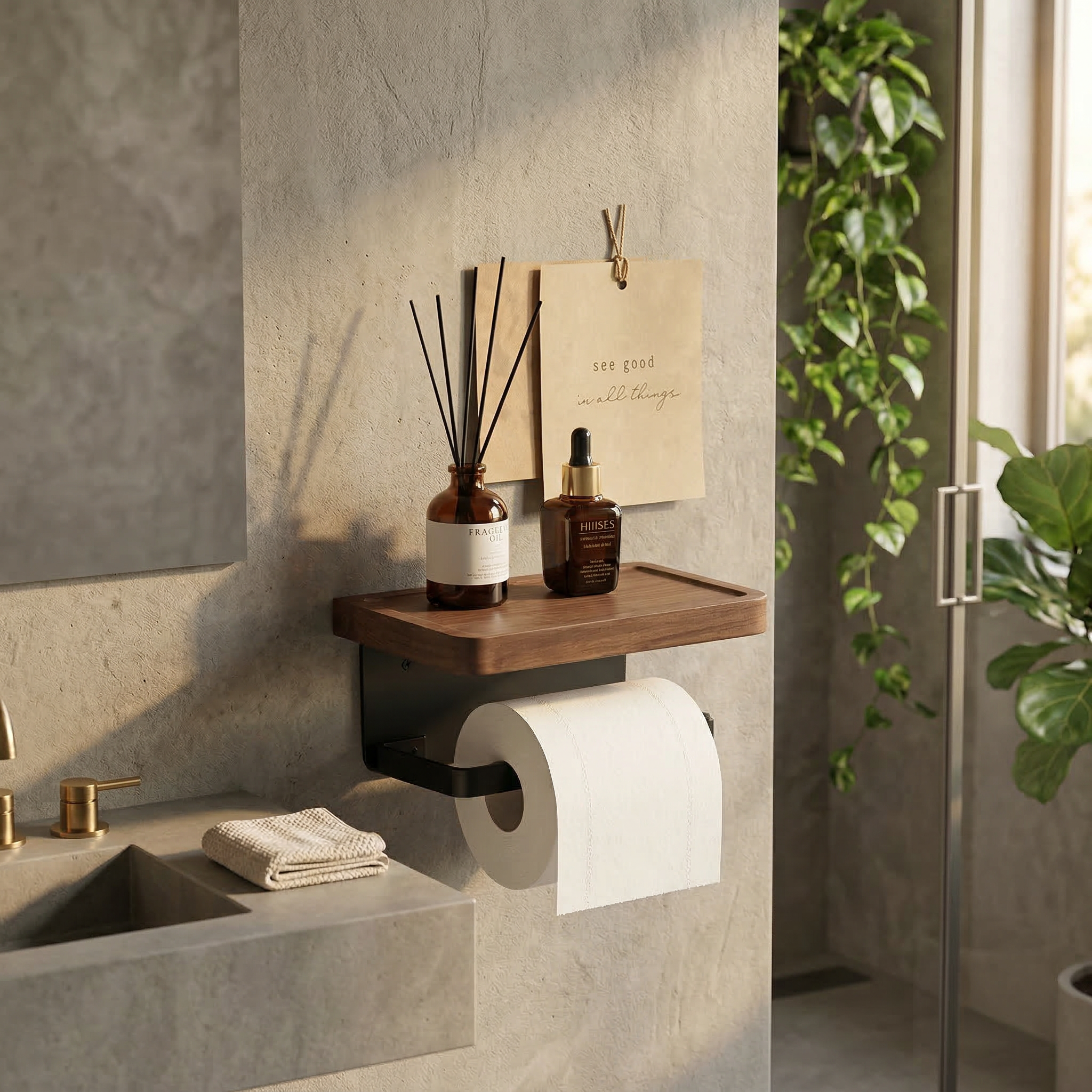 Wall-Mounted Walnut Holder - Space-Saving Utility for Modern Bathrooms 0