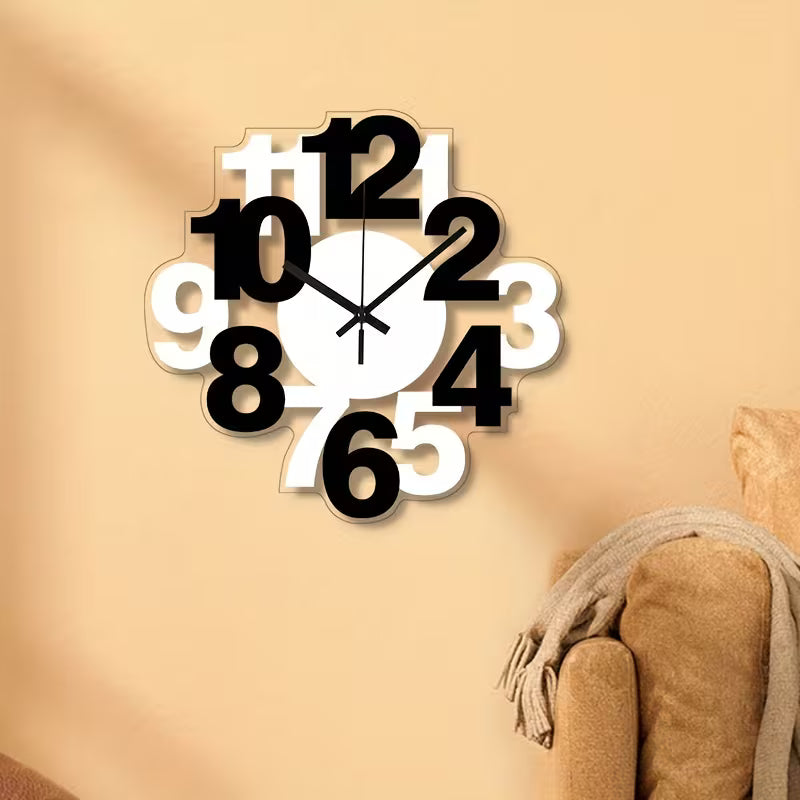 Wall clock with black numbers on a beige wall next to a brown sofa.