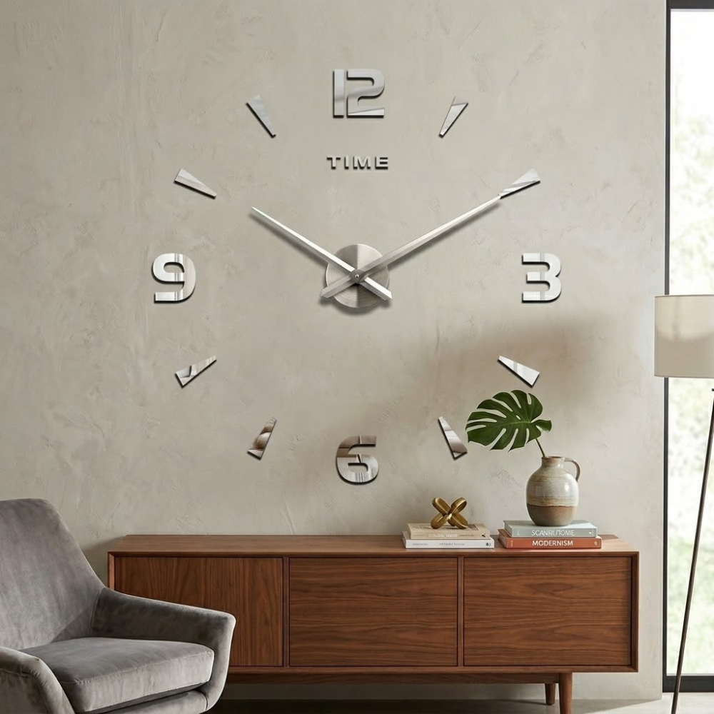 Large wall clock on a neutral wall with a wooden cabinet and chair in the foreground.